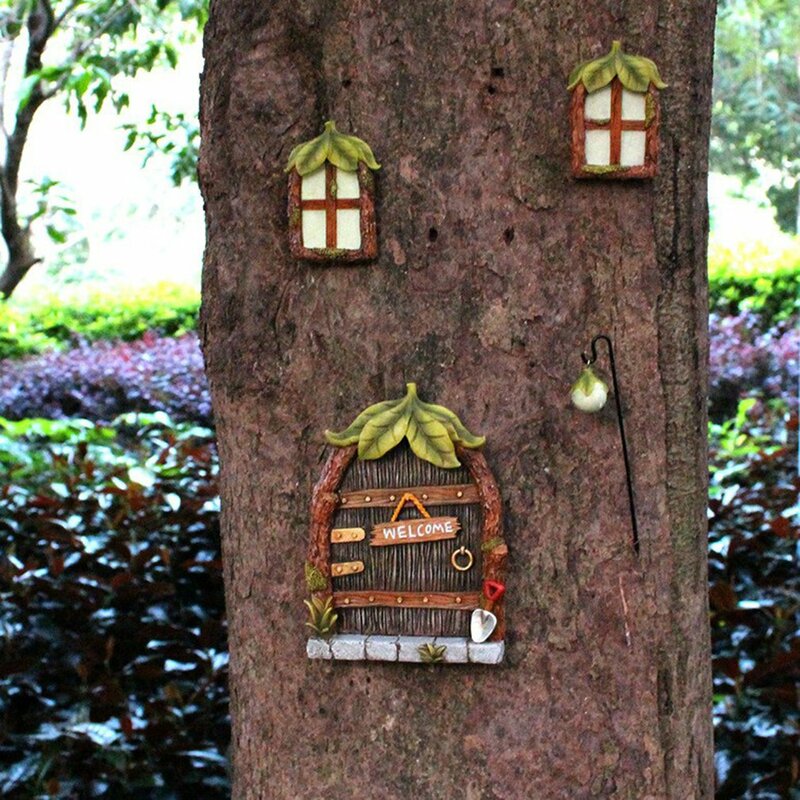 Fada decoração do jardim ornamentos brilhando no escuro resina miniatura porta janela luz de rua estado para jardim