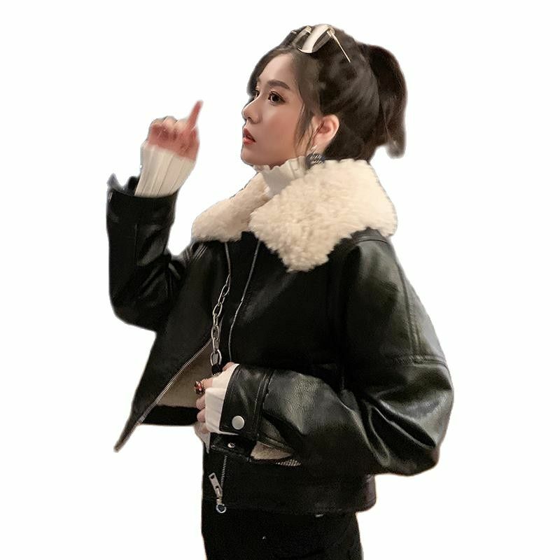 女性のための合成皮革の冬のジャケット,毛皮の襟付きの厚いカジュアルなオートバイのコート,大きなサイズのファッション,2021