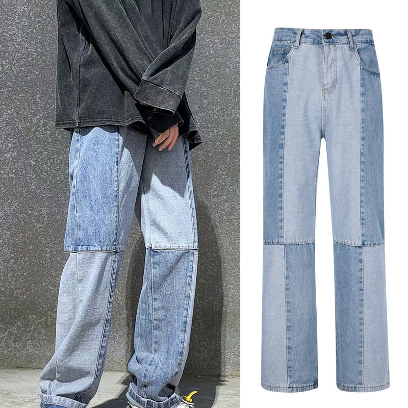 54 # costura calças de brim pantalones de mezclilla moda masculina solta perna larga calças de brim calças de brim calças de verão streetwear legal jeans