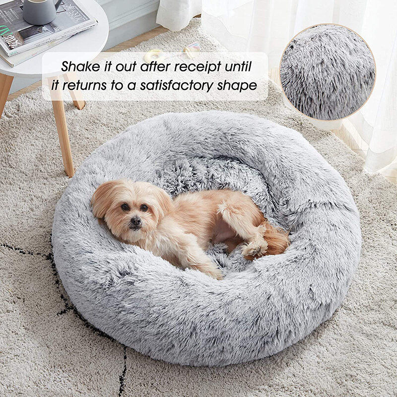 Łóżko dla zwierząt pies okrągłe łóżko kot Coussin Chien Cama Perro długi pluszowy szczeniak poduszka dla kota mata przenośne materiały zmywalne akcesoria dla zwierząt