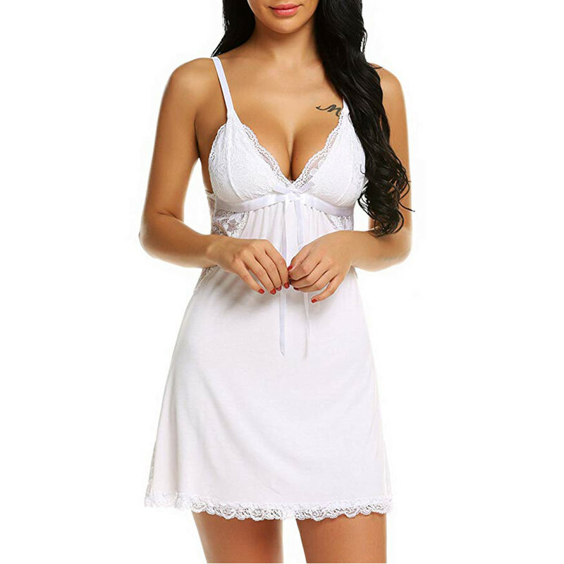 Roupa interior feminina sleepwear algodão senhoras lingerie sexy camisola sem mangas camisola com decote em v camisola de renda