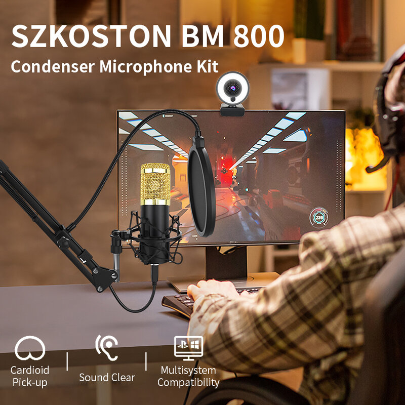 Конденсаторный микрофон bm800 в комплекте, студийный, микрофон для караоке, подставка в комплекте, поп-фильтр, фантомная зарядка