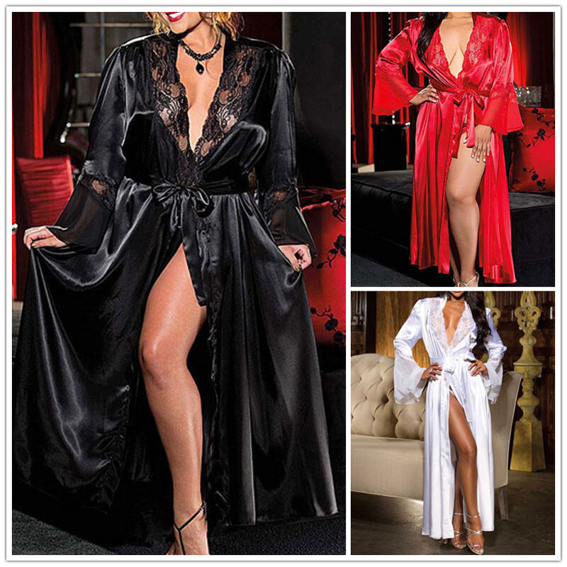 ผู้หญิงเซ็กซี่ Lace ชุด Robe ผ้าไหมลูกไม้ดูผ่านยาว Robe ชุดนอนชุดนอนชุดลำลองสปาเสื้อคลุมอาบน้ำ Nightdress