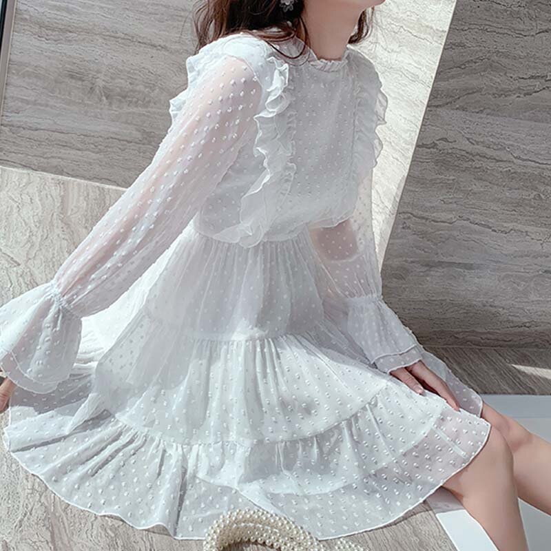 Mini vestido de fada elegante coreano, verão 2021, feminino, manga longa, renda, chiffon, designer casual, francês, roupas femininas