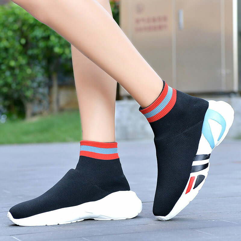 MWY Flats Shoes Women Sock Sneakers Slip On Loafers Women Breathable Casual Walking Shoes Schoenen Vrouw Black Knitted Trainers
