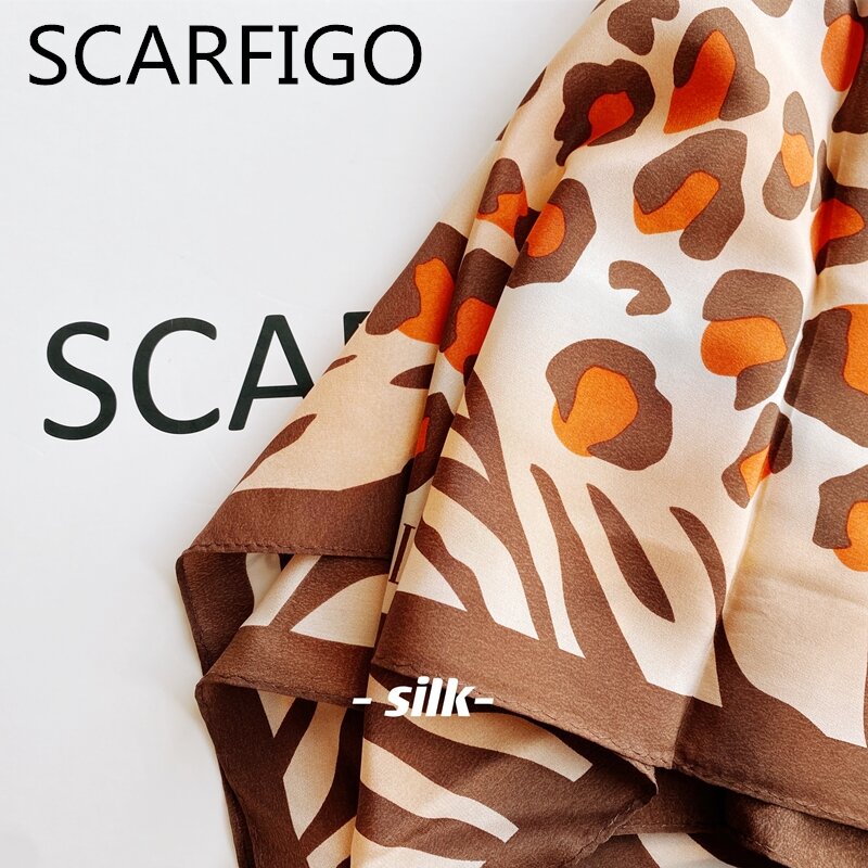 SCARFIGO-레오파드 프린팅 실크 스카프 50x50cm, 작은 여성 사무실 작은 머리 목 히잡
