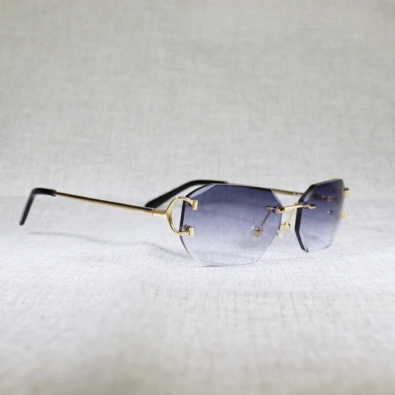 Vintage Rimless C สายแว่นตากันแดดผู้ชายผู้หญิงสำหรับฤดูร้อนตัดเพชรใสแว่นตากรอบโลหะ Oculos Gafas