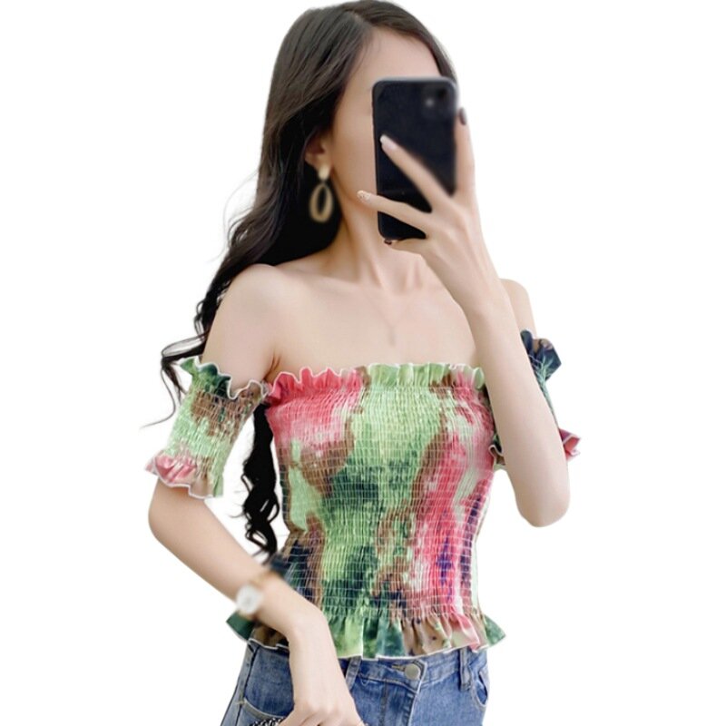 Frauen Tie-Gefärbt Slash Neck Blusen Koreanische Mode Sommer Sexy Süße Ausgesetzt Nabel Kurzarm Shirt Tops Neue