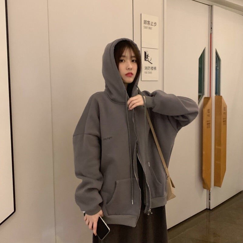 Hoodies Ukuran Plus Wanita Harajuku Streetwear Kawaii Longgar Zip Up Baju Kaus Gaya Korea Atasan Lengan Panjang