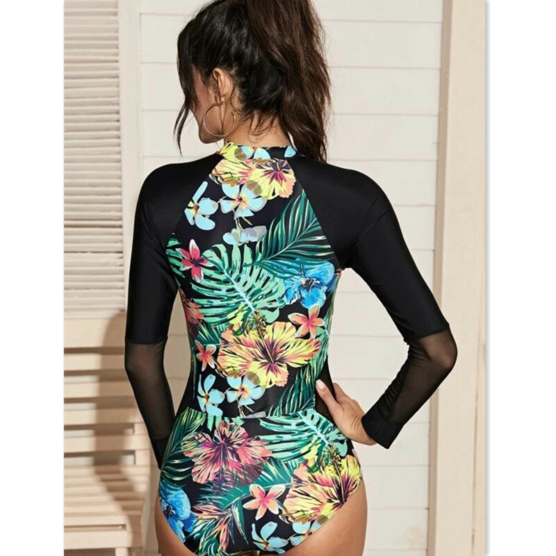 TYAKKVE 플로랄 프린트 원피스 수영복 여성 긴 소매 수영복 러쉬 가드 메쉬 비치웨어 수영복 Monokini Bodysuit