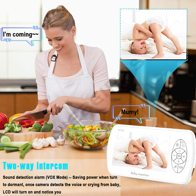 1080P Video Baby Monitor Battery Security Nanny Wireless Camera 4.3 Inch Talk Back Night Vision Feeding Time Reminder