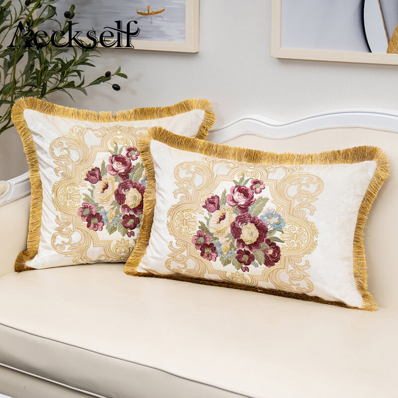 Aeckauto-Funda de cojín de terciopelo para decoración del hogar, funda de almohada de lujo con bordado de rosas y flores, azul marino, azul, dorado, gris, marrón y blanco
