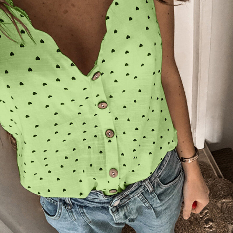 Blusa informal de verano sin mangas con estampado de corazón impreso, camisa ceñida con botones para mujer, cuello de pico, talla grande 4XL, 2020