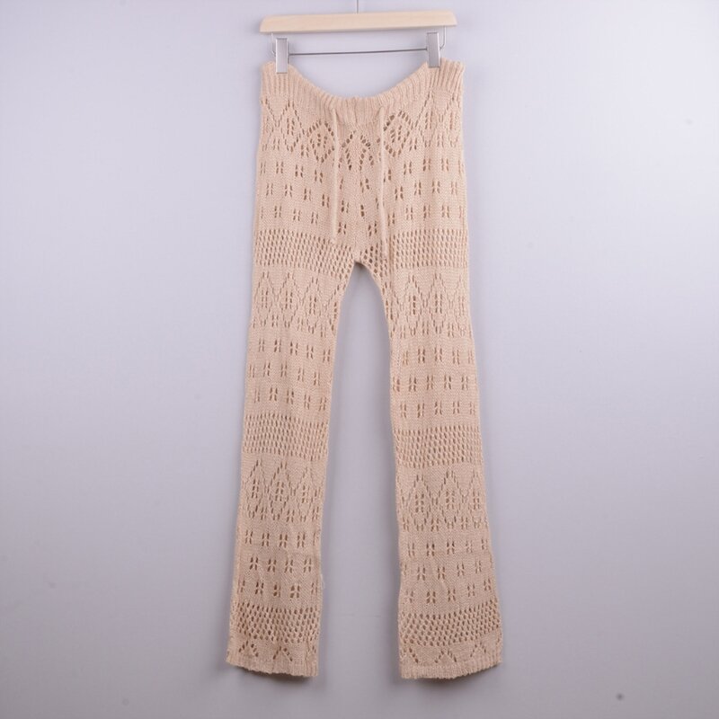 Pantalones de malla ahuecados para mujer, traje de baño de playa con cordón de red de ganchillo, cintura alta, pierna ancha, largo