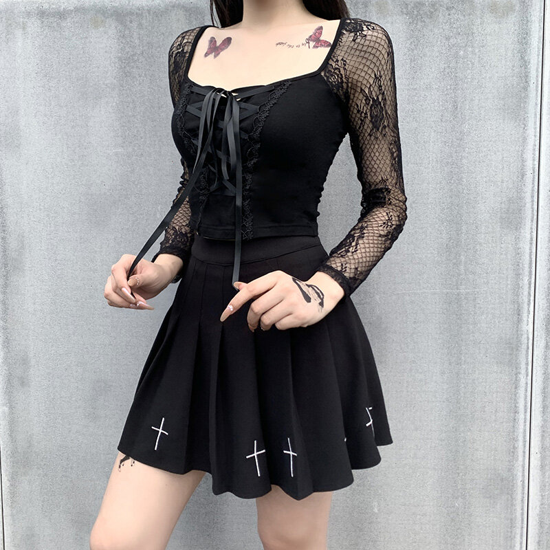 Insgoth Vintage Elegant Black Lace Up Gothic Top Sexy Mesh See Through Lange Mouwen Top Vrouwen Herfst Hollow Out Bodycon basic Top
