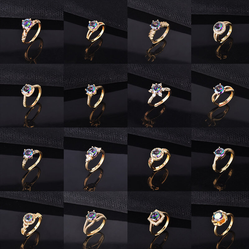 QTT Fashion Design Luxury 18K Yellow Gold Color Ladies Ring Mystic Crystal Zircon Opening Ring Vintage Party Rings for Women