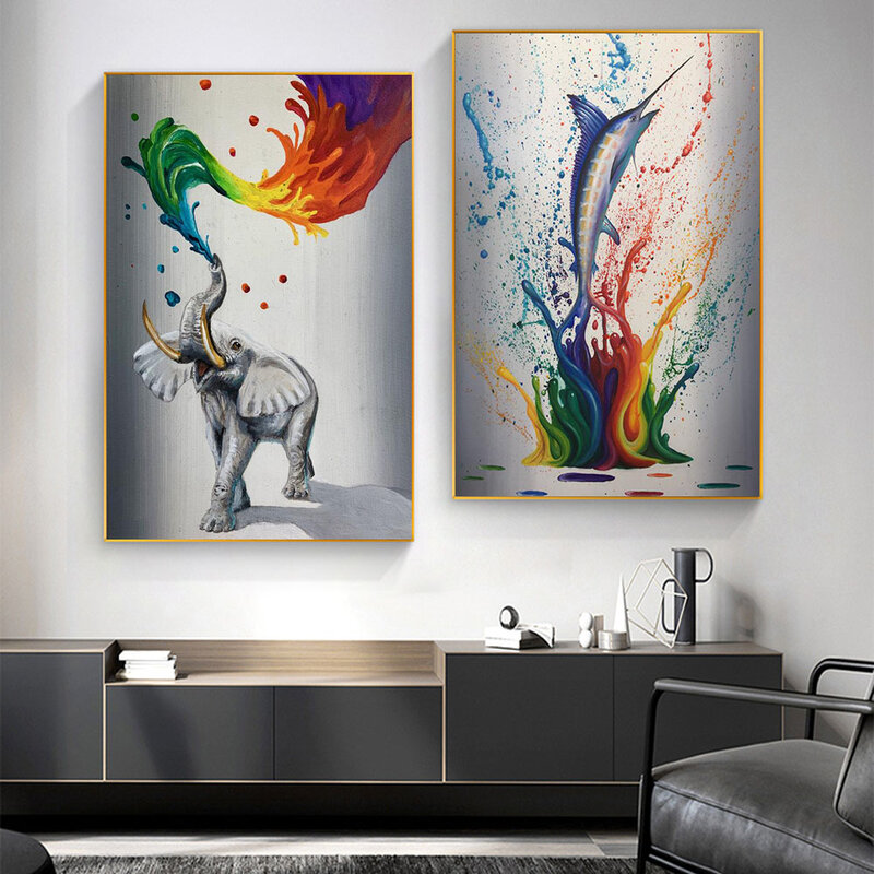 Nordic graffiti arte astratta stampa animalier tela pittura tigre scimmia elefante poster in arcobaleno pioggia decorazione domestica murale