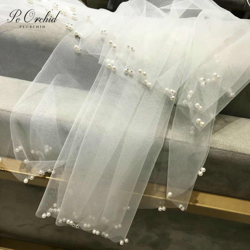 Peorchid duas camadas pérolas véus de casamento com pente 2021 novo velo novia cordão borda véus de noiva acessórios para novias