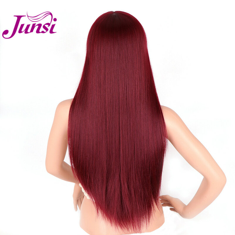 JUNSI  Black Red Two Colors Natural Long Straight Hair Fashion Female Synthetic Wig High Temperature Fiber Long Head Cover