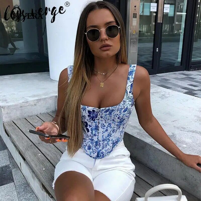 Blauw Foral Print Basic Vrouwen Crop Top Sexy Bustier Corset Fitness Boho Tank Top Cami Backless Korte Zomer Party Hemdje vest