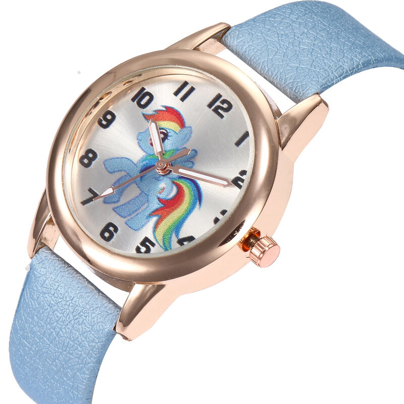 Montre avec bracelet en cuir coloré pour enfants, montre-bracelet avec poney de dessin animé, horloge, cadeau de noël