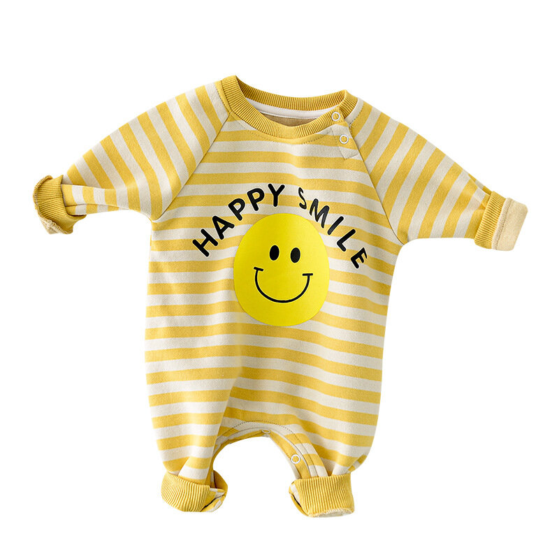 Yg Merk Kinderkleding En Najaar Nieuwe Baby Lange Creeping Pak Leuke Lachend Gezicht Cartoon Lange Mouw Ronde hals Jumpsuit