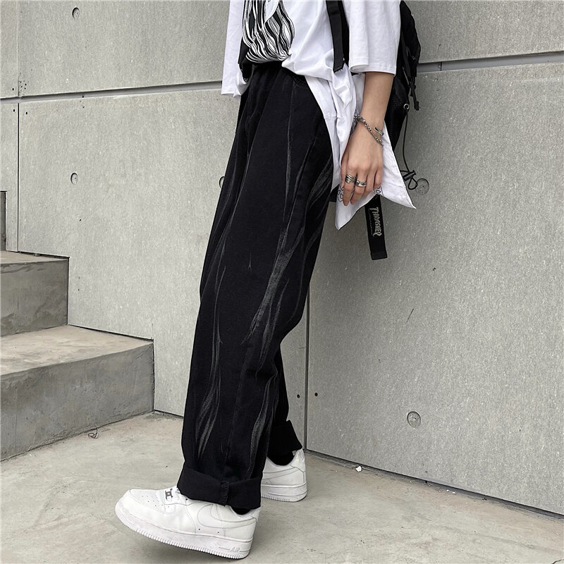 Harajpoo calças de casal 2021 primavera outono coreano ins na moda rua estilo hip-hop largo-perna reta cor bloco solto jeans casuais