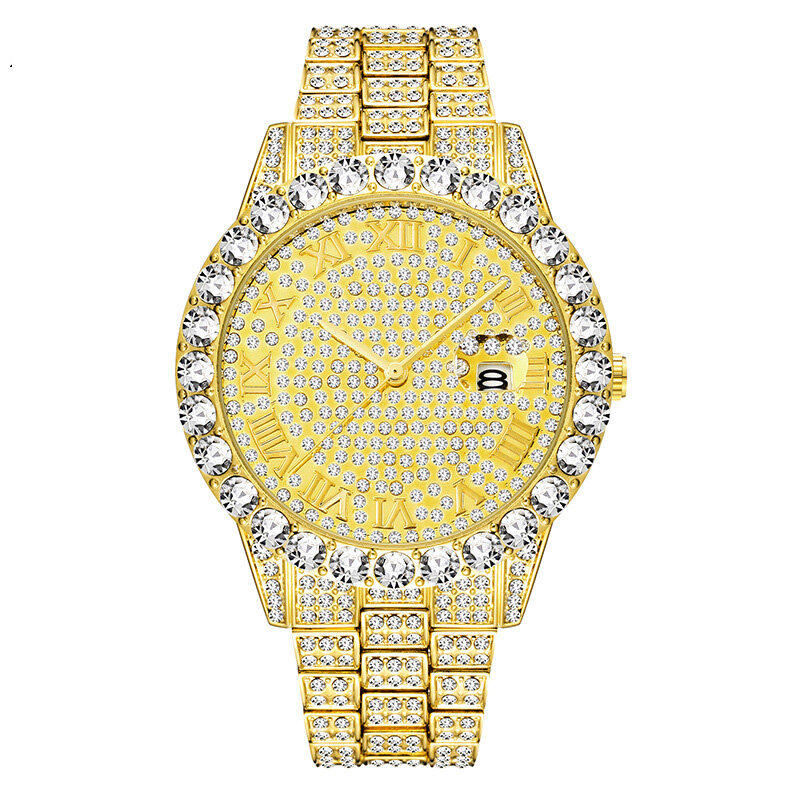 Luxo 18 k ouro cheio diamante relógio masculino quartzo strass hip hop bling gelo fora relógios masculinos para homem relógio de pulso de aço gelado