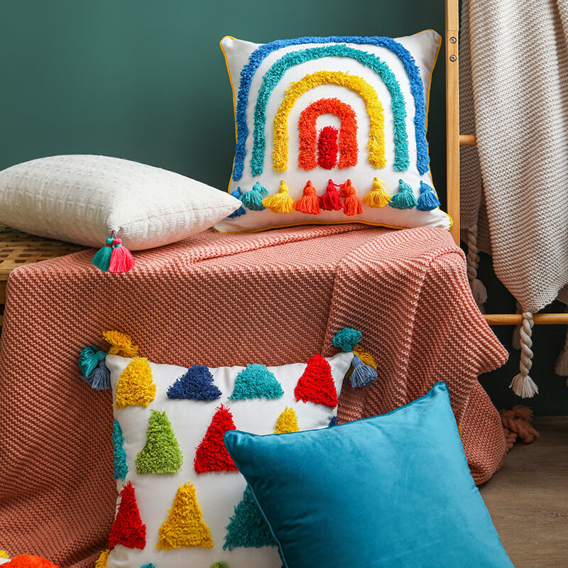 Housse de coussin de canapé couleur arc-en-ciel, taie d'oreiller décorative pour canapé, style Boho, 45x45