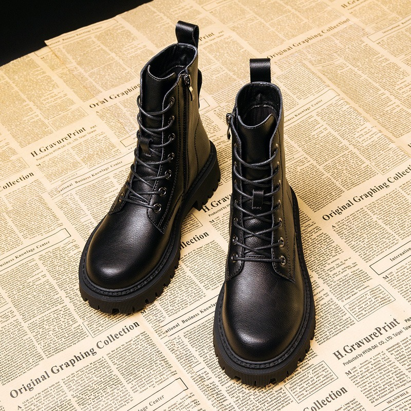 Botas de otoño para mujer, zapatos de Botines de Cuero redondo a la moda, botas negras elásticas, botas cómodas, 2021