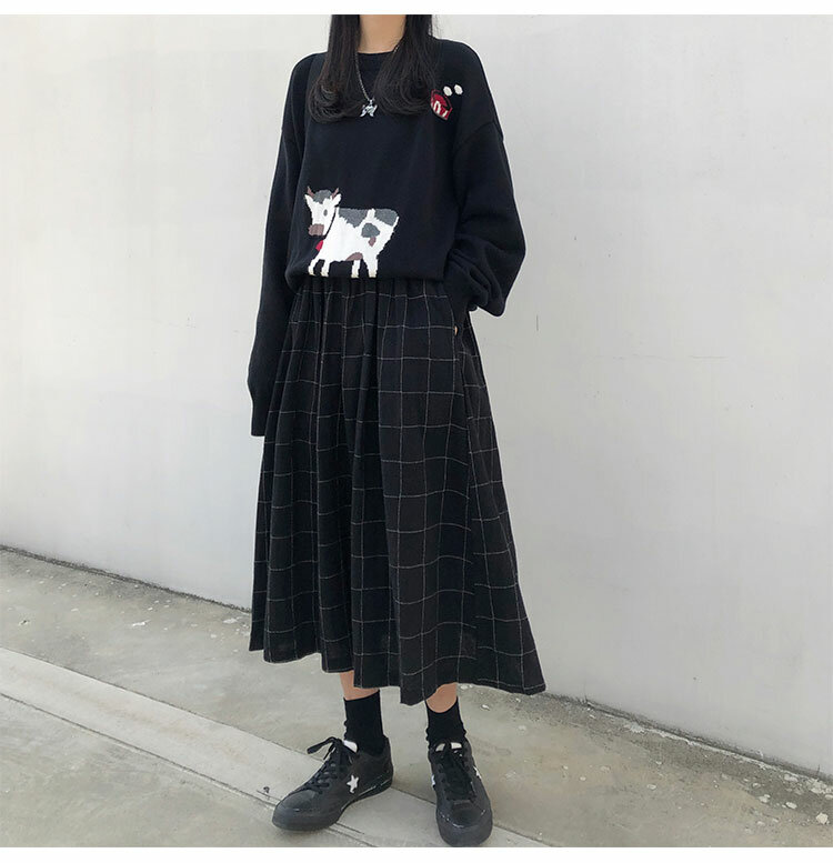 2 الألوان اليابانية نمط عالية مرونة الخصر التنانير الطويلة امرأة 2019 الخريف الشتاء منقوشة ألف خط مطوي التنانير إمرأة (X1078)