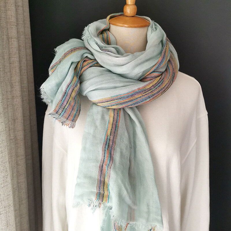 Cotton And Hemp Scarf Autumn And Winter New Pure Color Striped Pleated Dirty Dye Splicing Long Lovers Lady Shawl