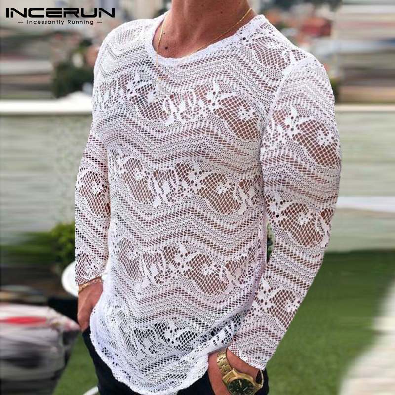 INCERUN 새로운 남성 캐주얼 자카드 세련된 스타일 티셔츠 인쇄 긴 소매 라운드 넥 마이크로 투명 셔츠 S-5XL