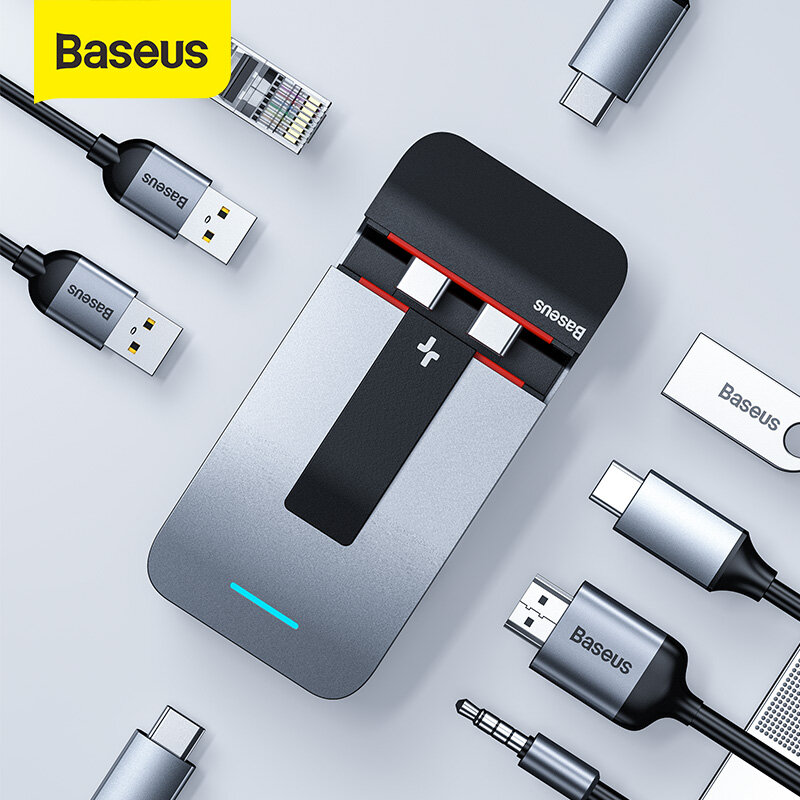 Baseus USB C HUB Ke USB 3.0 USB HUB Yang Kompatibel dengan HDMI untuk MacBook Pro TB 3 USB Splitter Gabungan Holder RJ45 9 In 1 Tipe C HUB