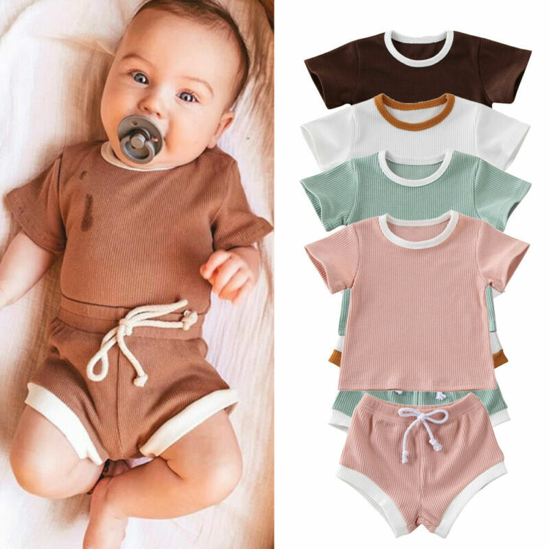 Ropa de algodón para bebé, niño y niña, Tops de manga corta de Color sólido, camiseta + Pantalones cortos, trajes