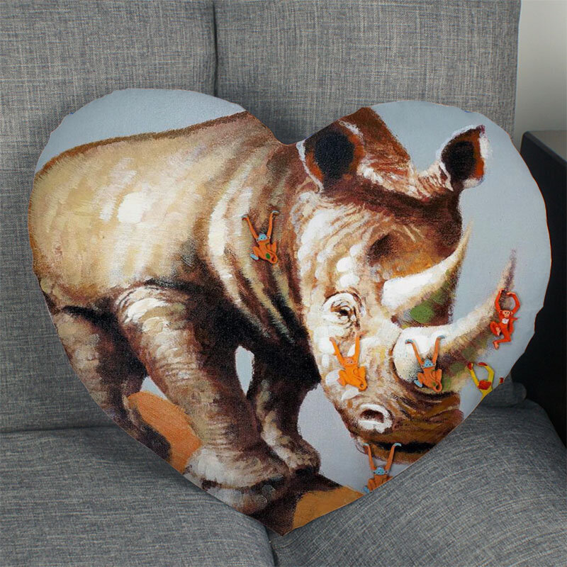 Vendita calda personalizzata Rhino Animal Art pittura a forma di cuore fodere per cuscini biancheria da letto cuscino confortevole/federe di alta qualità