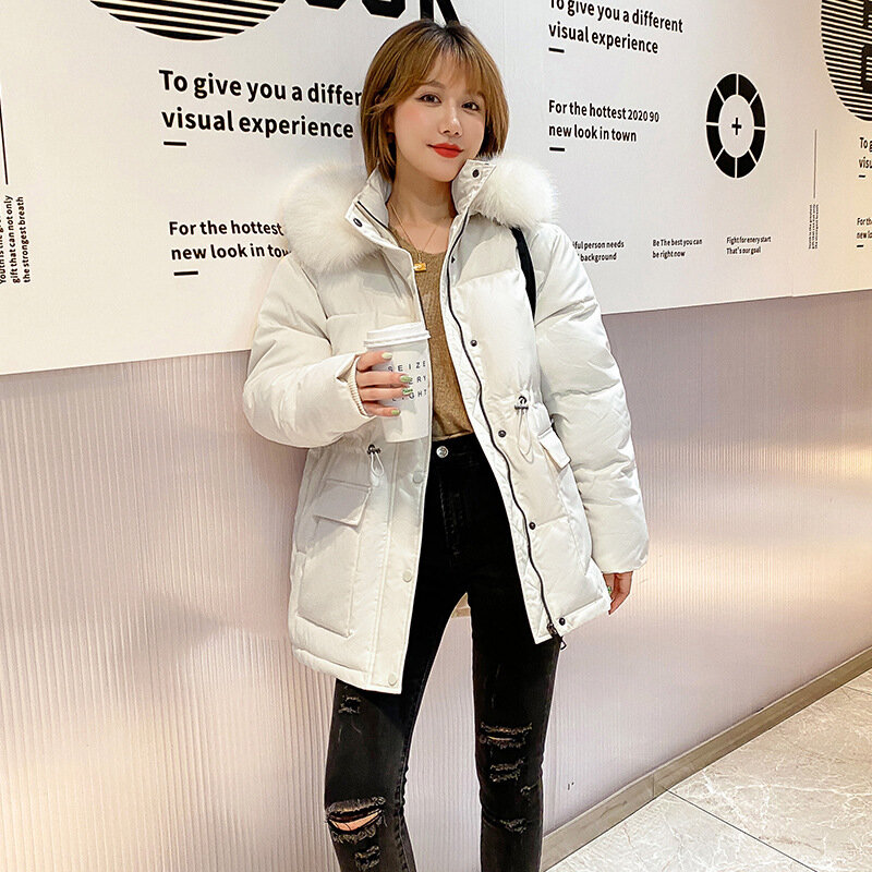 2021 Nieuwe Winter Kleding Vrouwen Korte Korte Hoogte Taille Donsjack Vrouwen Koreaanse Stijl Parka Grote bontkraag Gewatteerde Jas