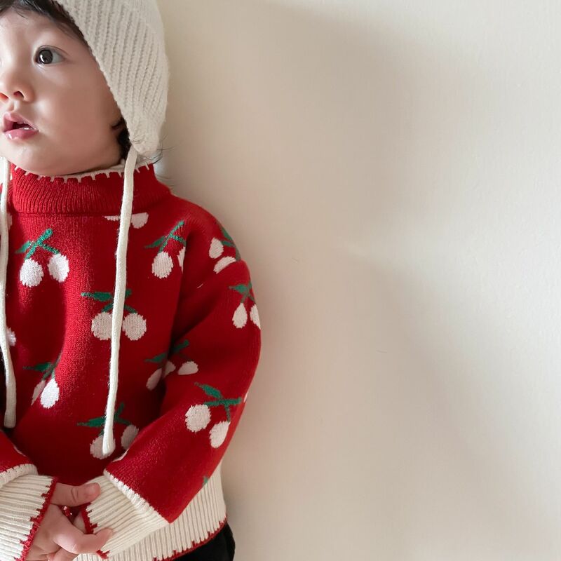 2021 New Baby Girl Winter Warm Sweater Cute Cherry Print Girls Knit Sweater Long Sleeve Children Thicken Cotton Fleece Sweater