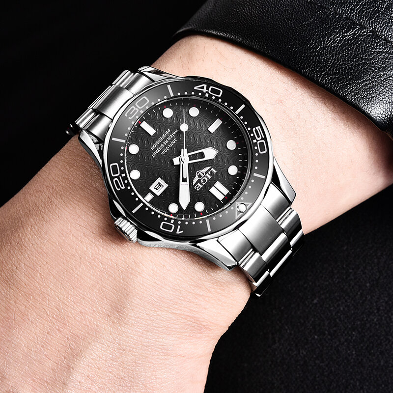 Lige 2021 relógio de pulso de luxo masculino, de aço inoxidável à prova d'água esportivo de quartzo