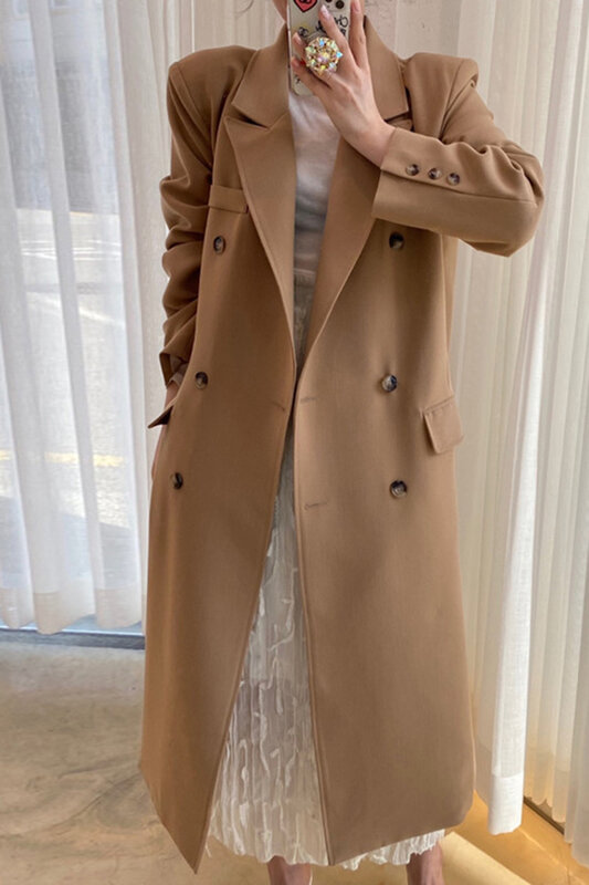 Korean Cardigan Coat Autumn And Chic Winter French Lapel Double Breasted Loose Knee Length Long Sleeve Suit