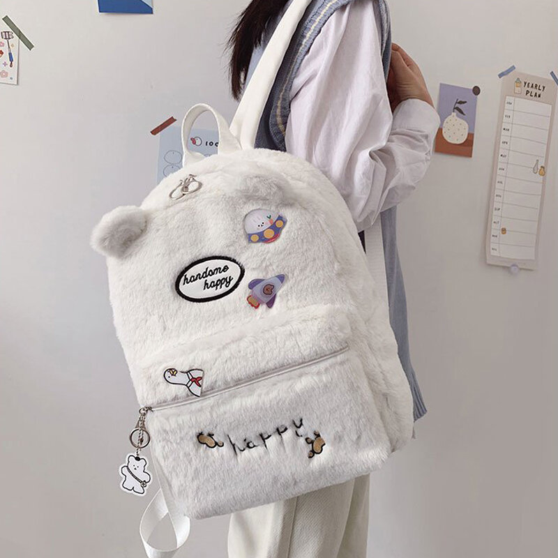 Mochila de pelúcia estilo japonês feminina, mochila de desenho animado de urso falso pele estilo japonês, mochila feminina fofa para o inverno 2021