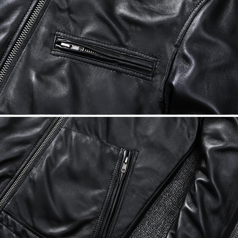 Vintage Men Sheepskin Real Leather Slim Fit Jackets Turn Collar Coats  Multi Zipper Male Overcoats Chaquetas Cuero Hombre 19518