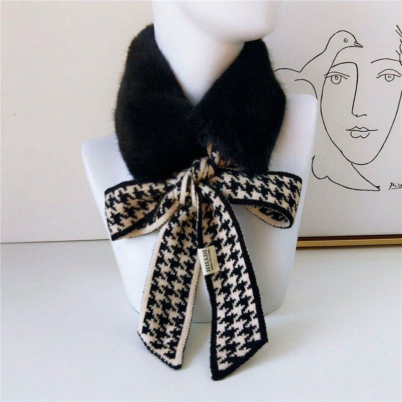 2022 New Autumn Winter Houndstooth Fashion Crochet Knitted Scarf Foulard Femme Faux Fur Collar Neck Warmer Scarves for Women