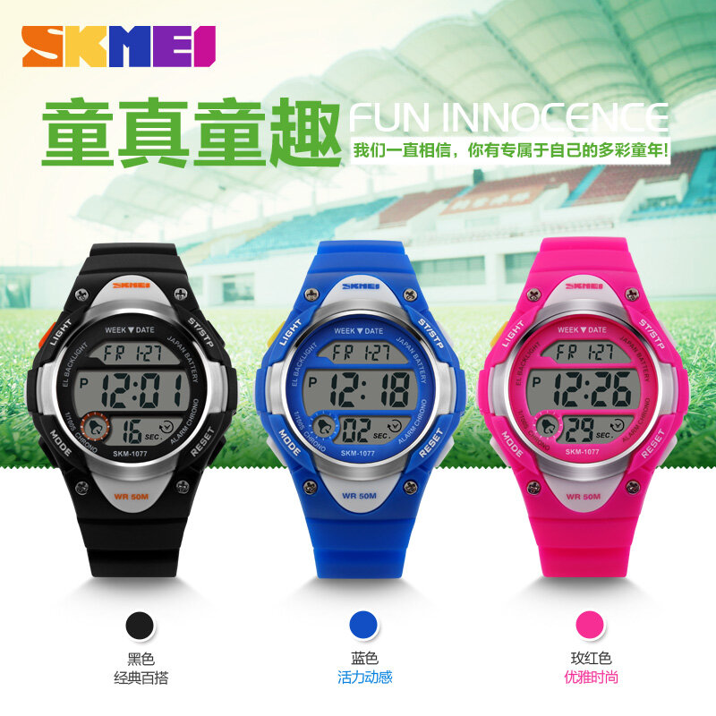 SKMEI-relojes deportivos para niños, reloj Digital con alarma para estudiantes, cronómetro con luz trasera, resistente al agua hasta 50m, 1077