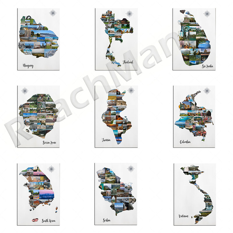 Póster Artístico de mapa de Colombia, Vietnam, Serbia, Tailandia, Suecia, Singapur, Corea del Sur, Noruega, Argentina