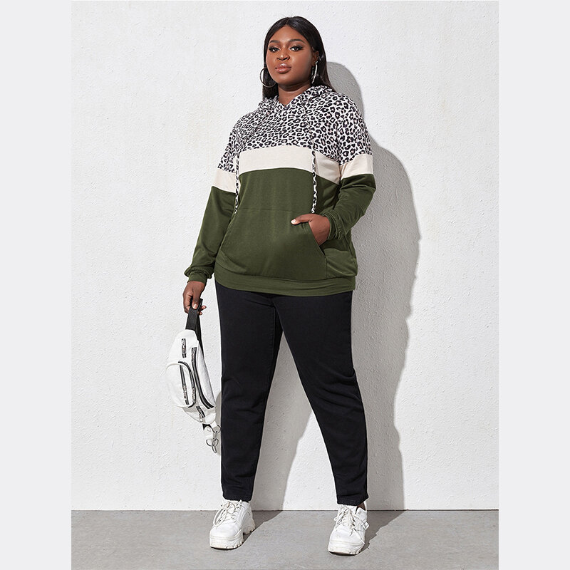 Fioncrow Plus Size Leopard Print Sweater Women Loose Outer Wear Hooded New Color-Blocking Pullover Sweater For Fall/Winter 2021