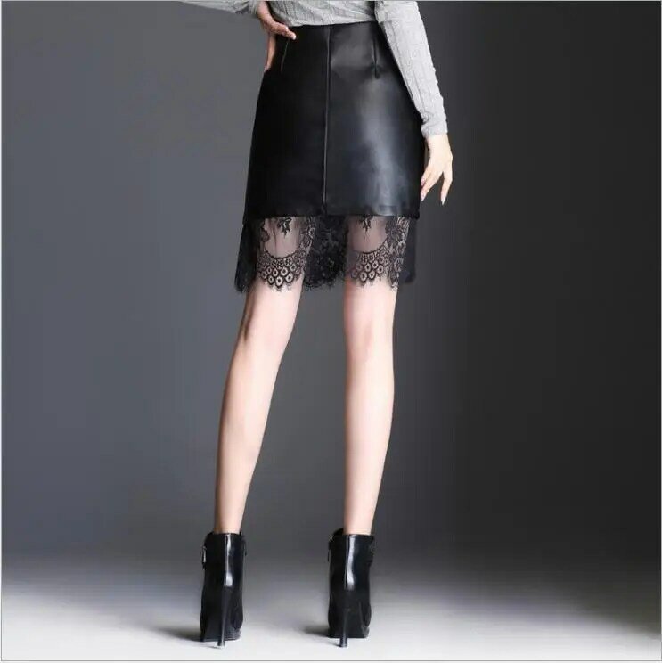Mulheres primavera outono rendas retalhos mini saias moda preta faldas saia de couro fino pacote casual hip couro saias k1232