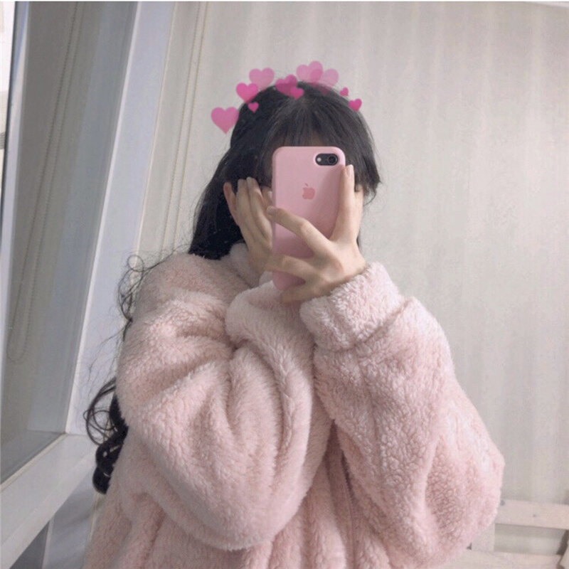 크림 복숭아 색 플러시 세련된 핑크 지퍼 코트 한국어 복고풍 대학 느슨한 양고기 면화 코트 겨울