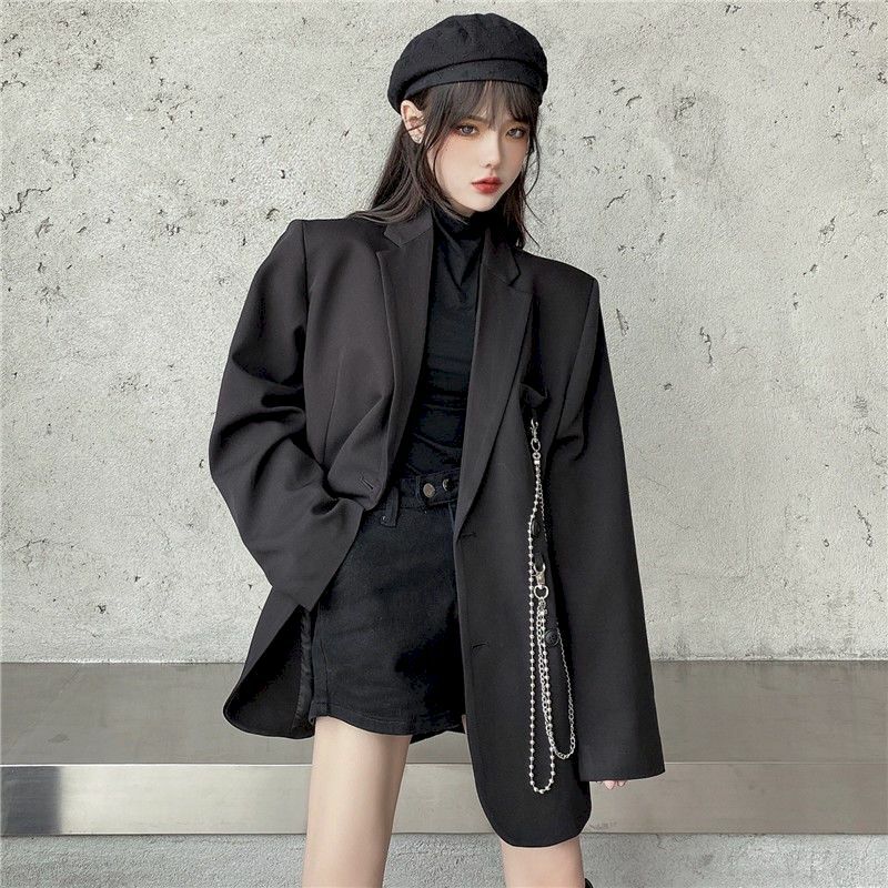 Novo terno jaqueta feminina na moda preto escuro retro solto e fino frito rua terno jaqueta feminina 2021 primavera e outono solto um