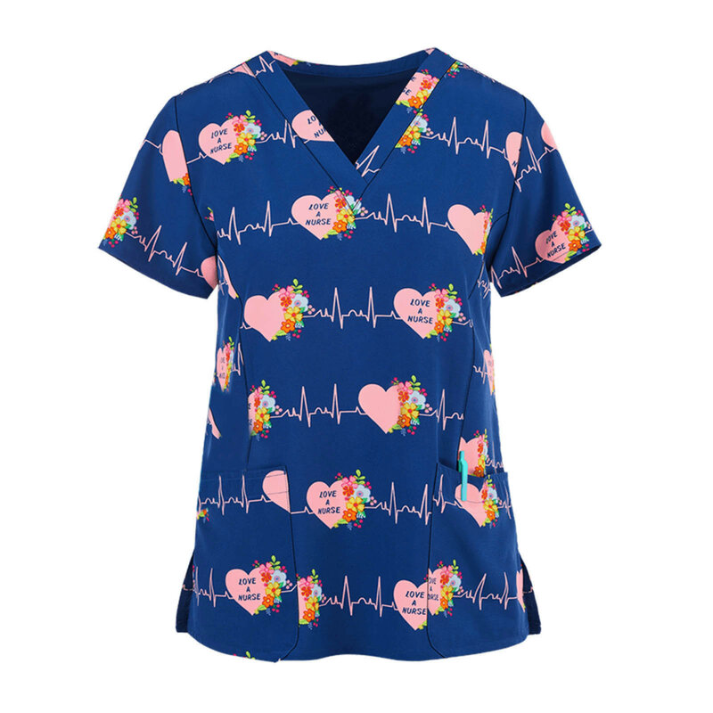Camiseta básica para Salones de Belleza Accesorios de Enfermera Uniforme de Trabajo Blusa con Estampado de Dibujos Animados Blusa de Manga Corta con Cuello en V para Mujer